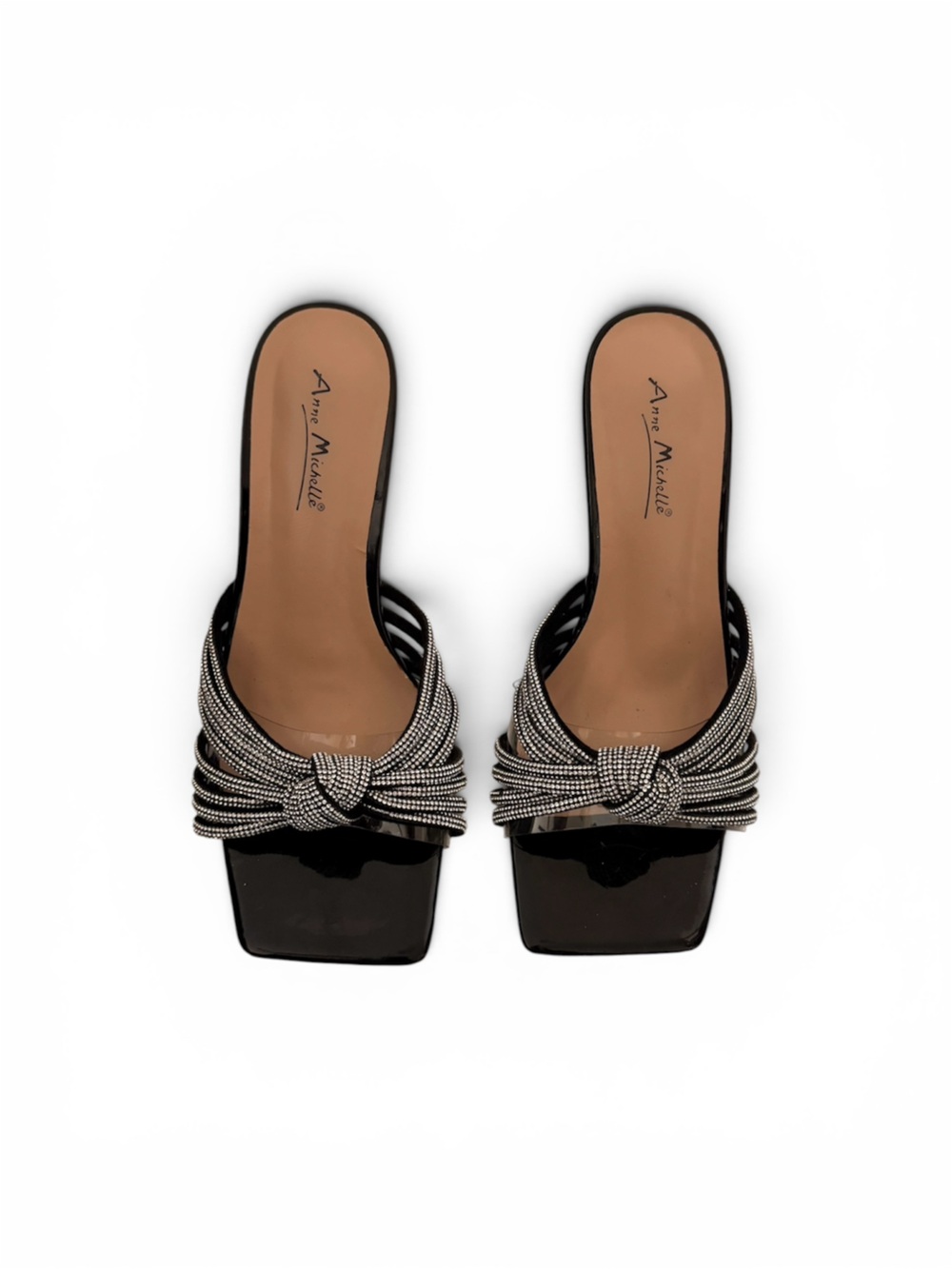 Anne Michelle Black Crystal-Knot Slide Mules